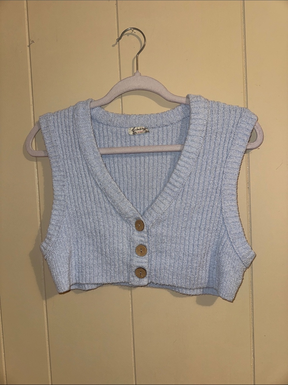 Free People Light Blue Ribbed Knit Button Cropped Vest